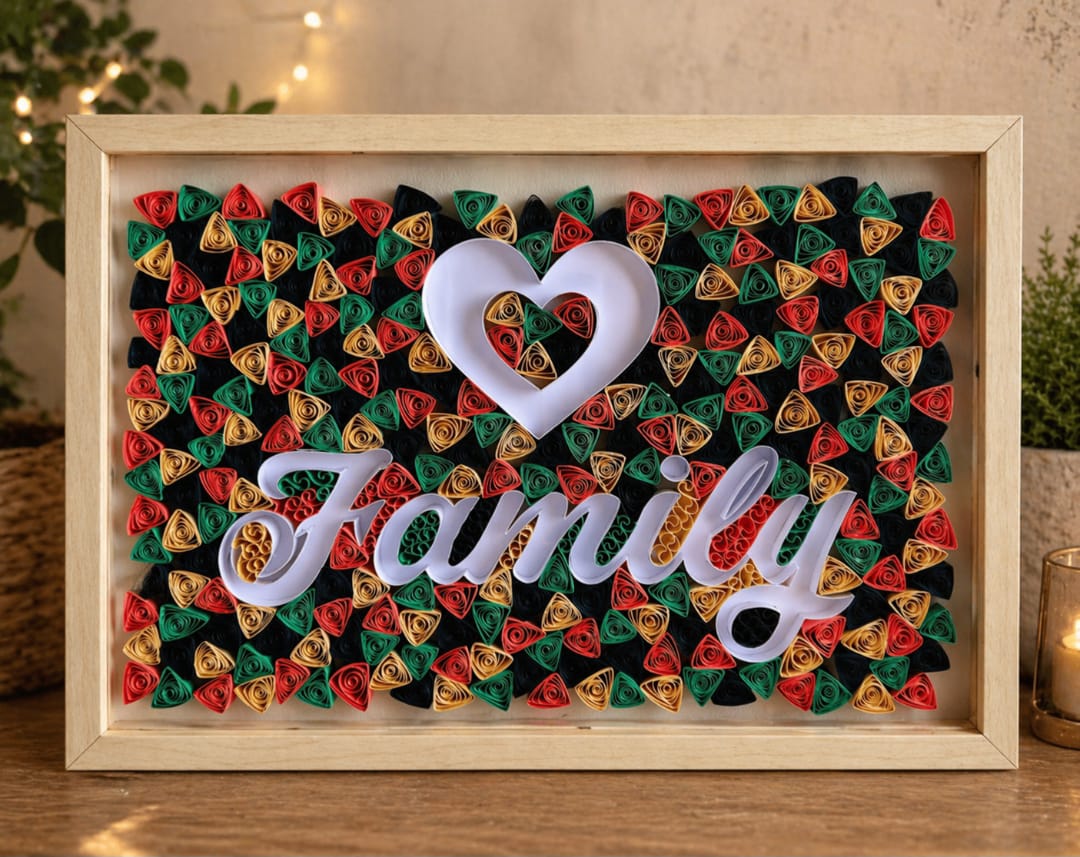 quilling-family-wall-art-20x30 Quilling Paper "Family" Art Frame · Handmade 3D Wall Decor - Imagen 1