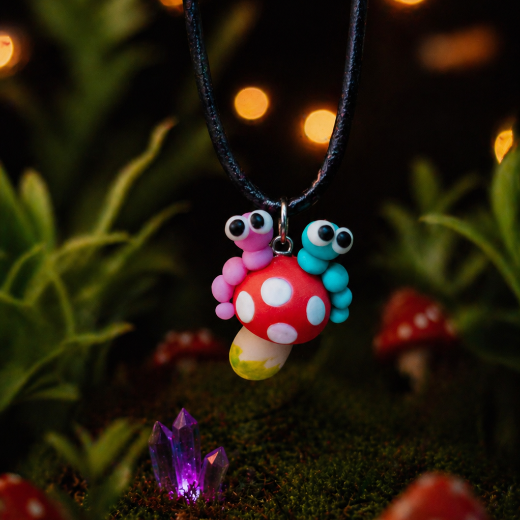 Mushroom Porcelain Necklace · Handcrafted Forest Bugs Nature Pendant