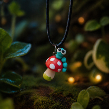 Mushroom Porcelain Necklace · Handcrafted Forest Bugs Nature Pendant - Imagen 2