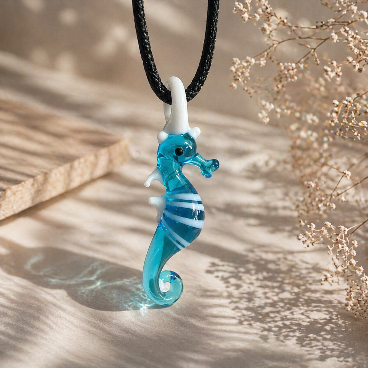 seahorse-murano-glass-necklace-blue Seahorse Murano Glass Necklace · Handcrafted Turquoise Ocean Pendant - Imagen 1