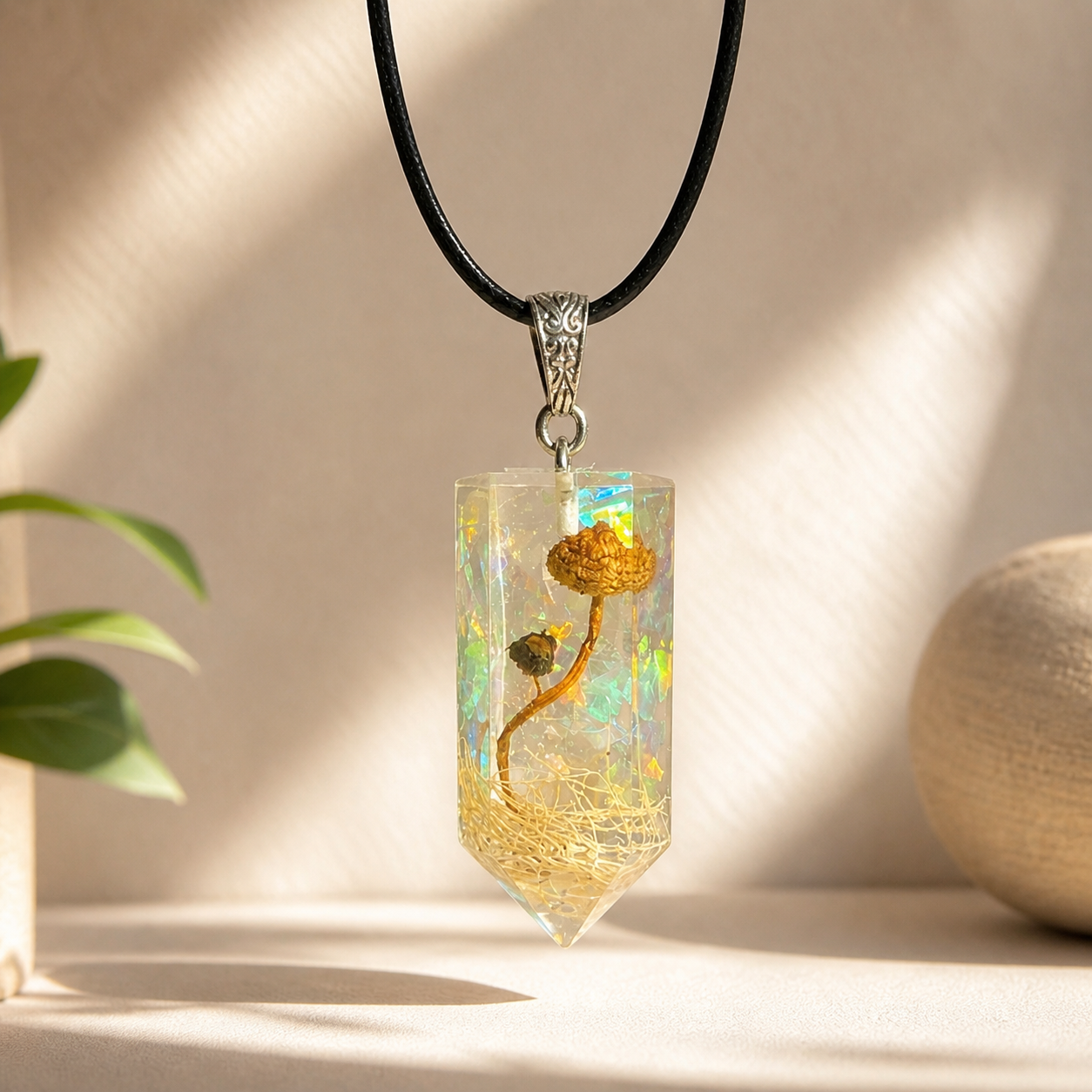 Mushroom Resin Pendant. Iridescent Nature Necklace