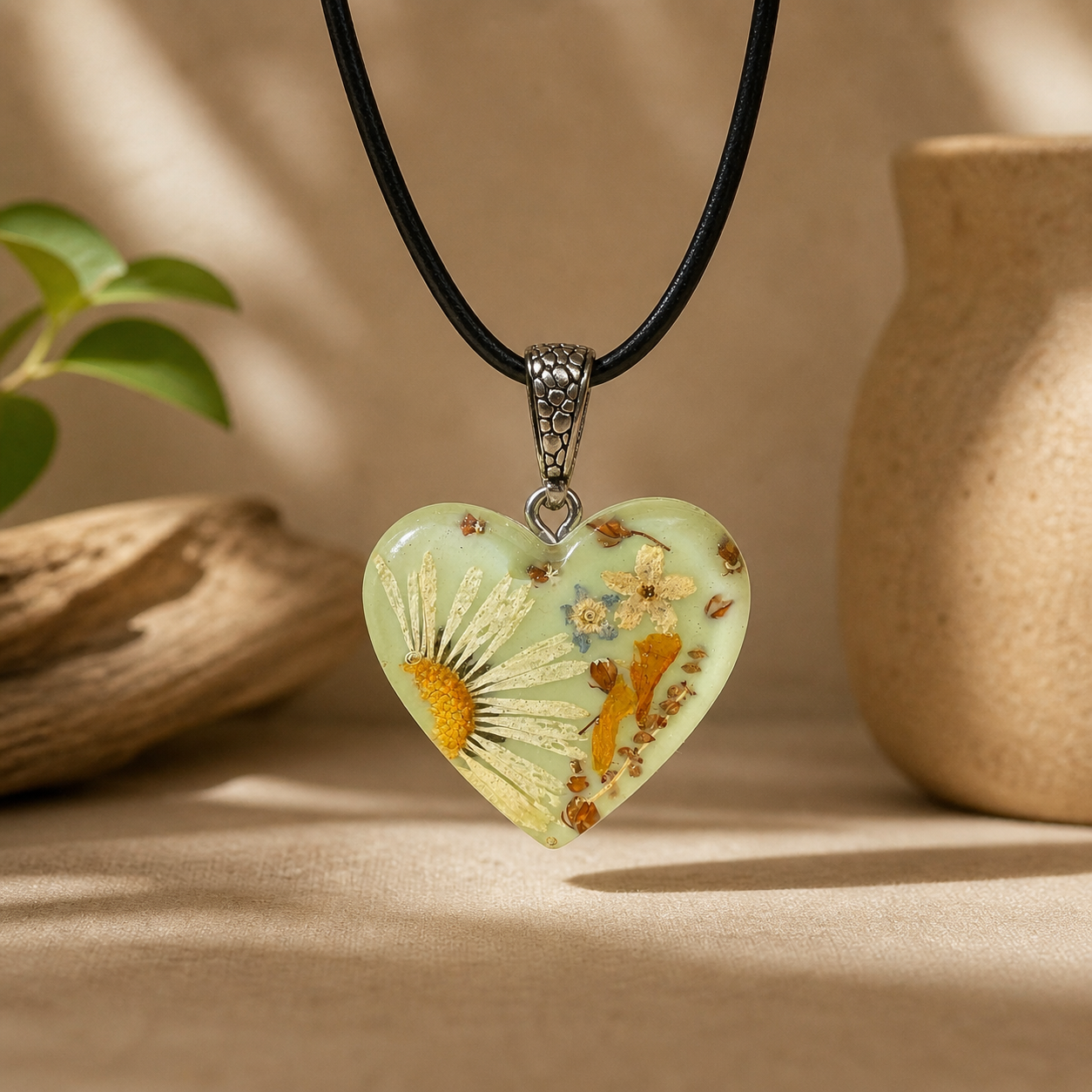 Daisy Heart Pendant. Handmade Resin Necklace