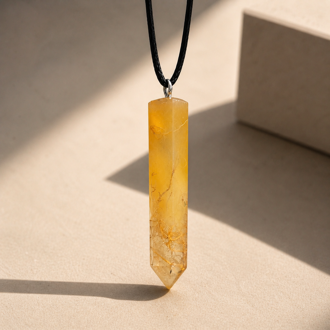 Yellow Prism Resin Necklace. Natural Roots Pendant