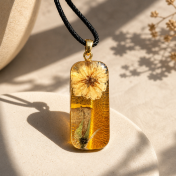 Yellow Flower Resin Necklace. Rectangular Nature Pendant