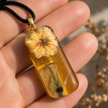 Yellow Flower Resin Necklace. Rectangular Nature Pendant - Imagen 5