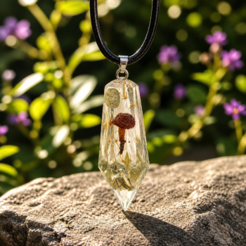 Mushroom Resin Necklace. Crystal Cut Nature Pendant - Imagen 2