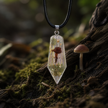 Mushroom Resin Necklace. Crystal Cut Nature Pendant - Imagen 4