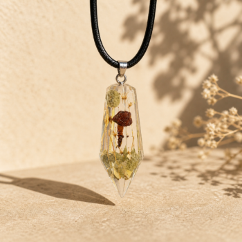 Mushroom Resin Necklace. Crystal Cut Nature Pendant